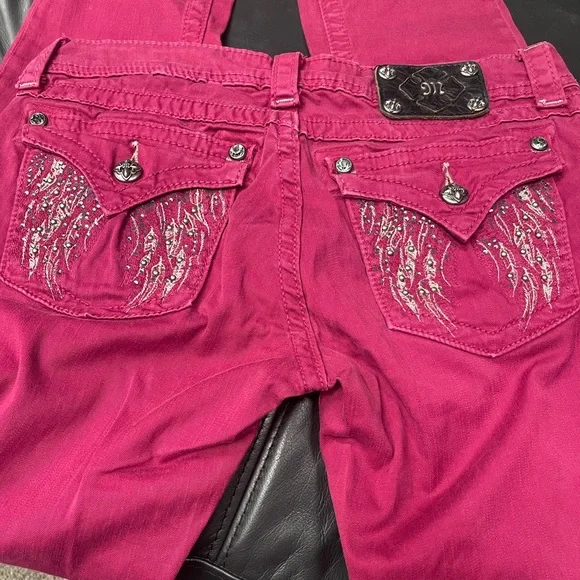 { MISS ME } 5-Pocket Low Rise Skinny Jeans pink angel wings Fuschia 29x31 inseam - Picture 6 of 11